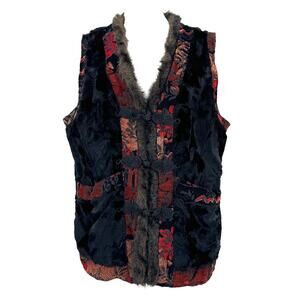 Chico’s Vampirecore Faux Fur Trim Vest with Embroidered Boho Tapestry, Size 2